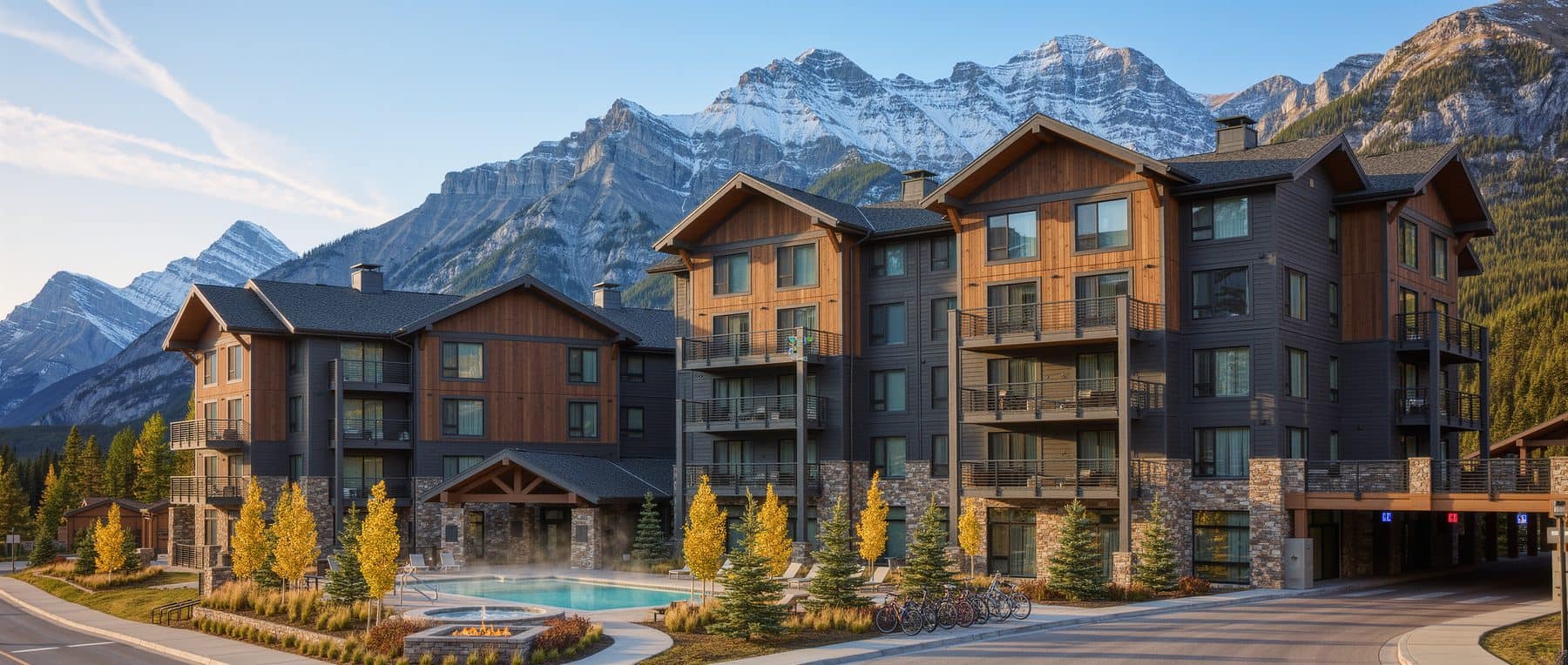 Ascent Canmore at 1730 Bow Valley Trail, Canmore AB, a wood-frame visitor accommodation condominium below the Rundle range