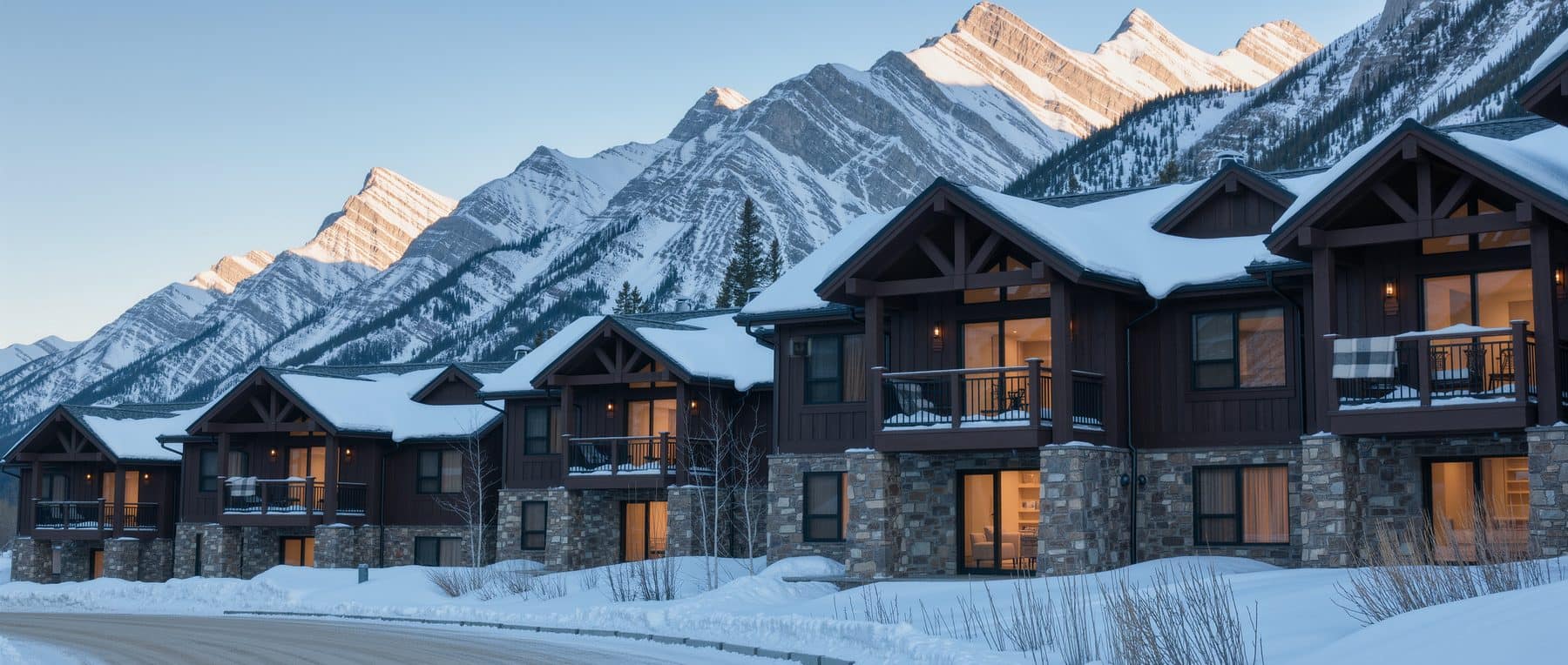 The Alberta tourism levy applies to nights sold in Canmore tourist homes like these lit condominium units below the Rockies in late winter