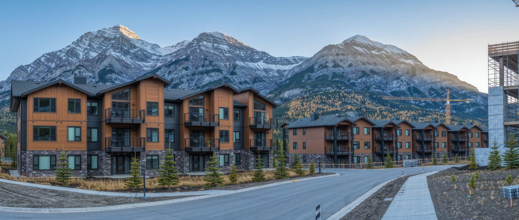 Altitude Canmore under construction at the foot of the Three Sisters peaks in autumn light