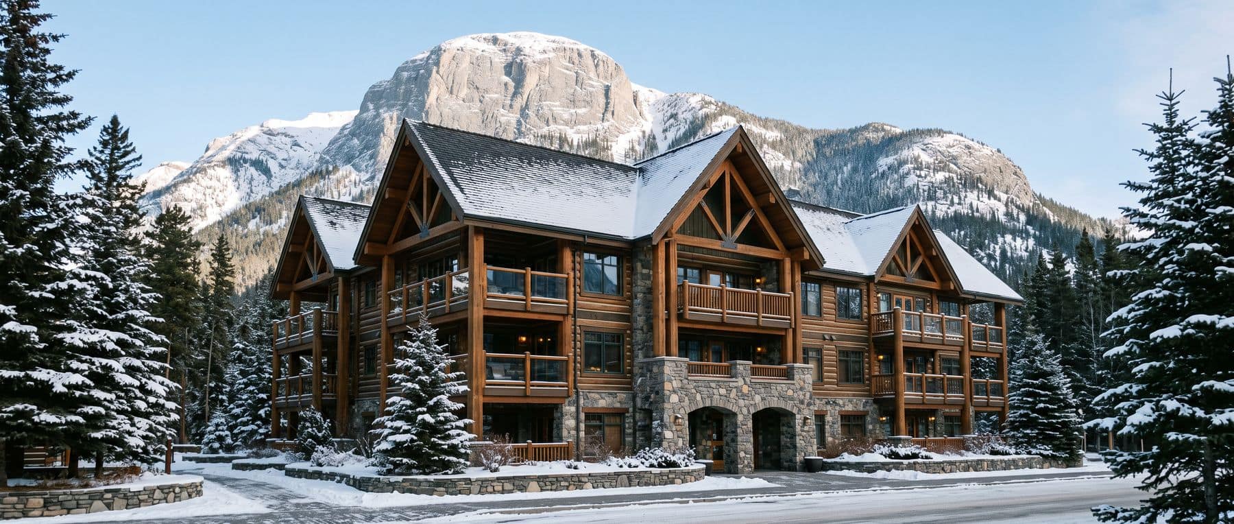 Banff condos for sale: a rustic timber-and-stone apartment building in the Banff townsite
