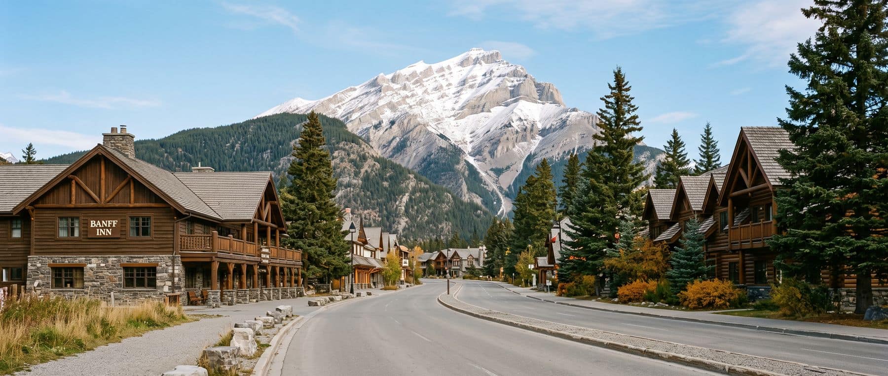 Banff real estate: leasehold homes on a Banff townsite street below Cascade Mountain