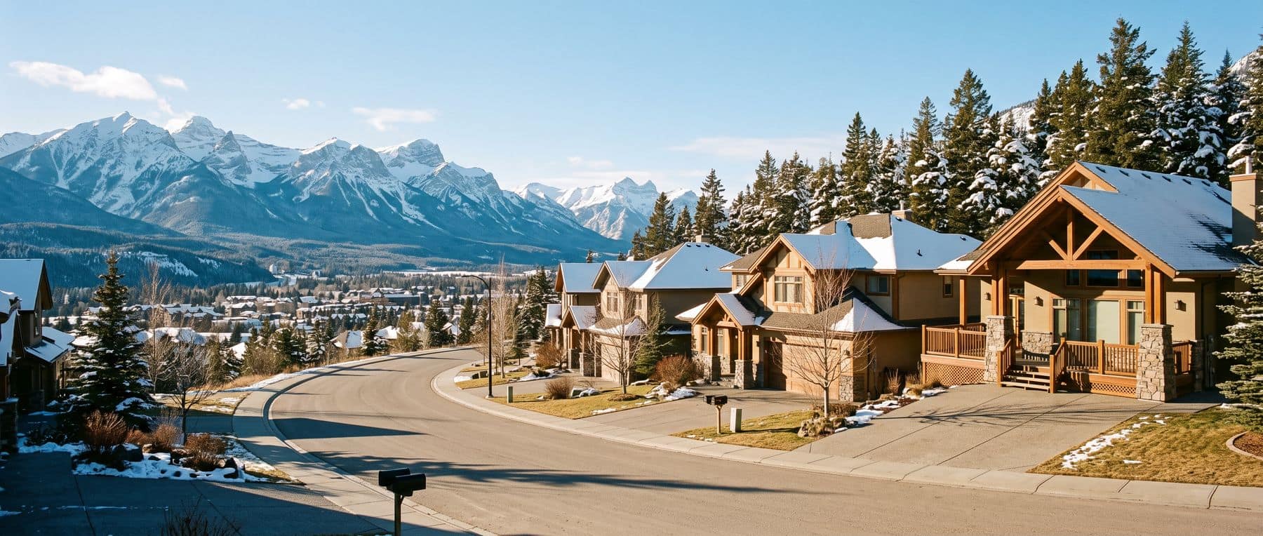 Benchlands Canmore homes on the sunny south-facing bench, dry pavement in winter while the shaded slopes hold snow
