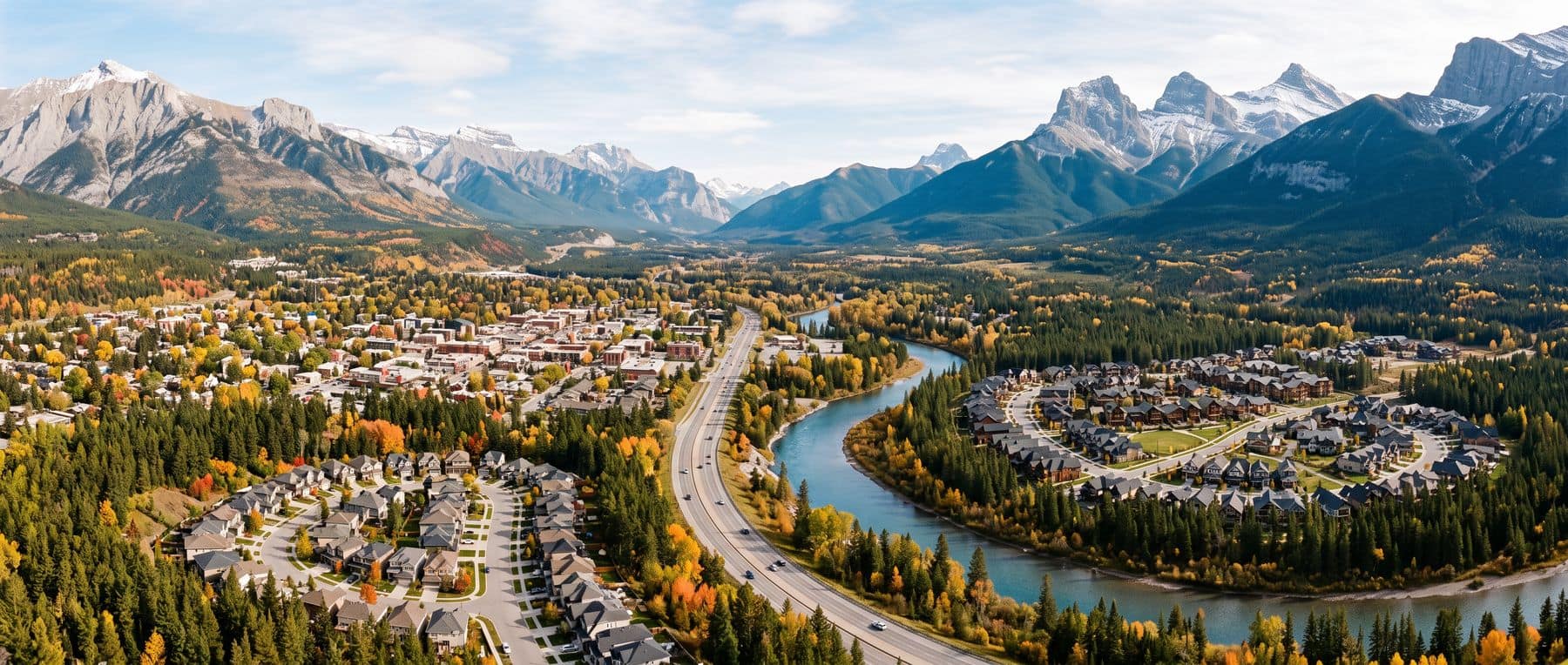 The best neighbourhoods in Canmore seen together: distinct residential pockets split by trees, river and highway