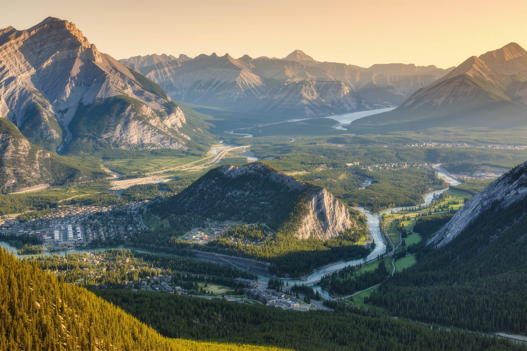 Bow Valley real estate: the valley from above, town and hamlets along the river