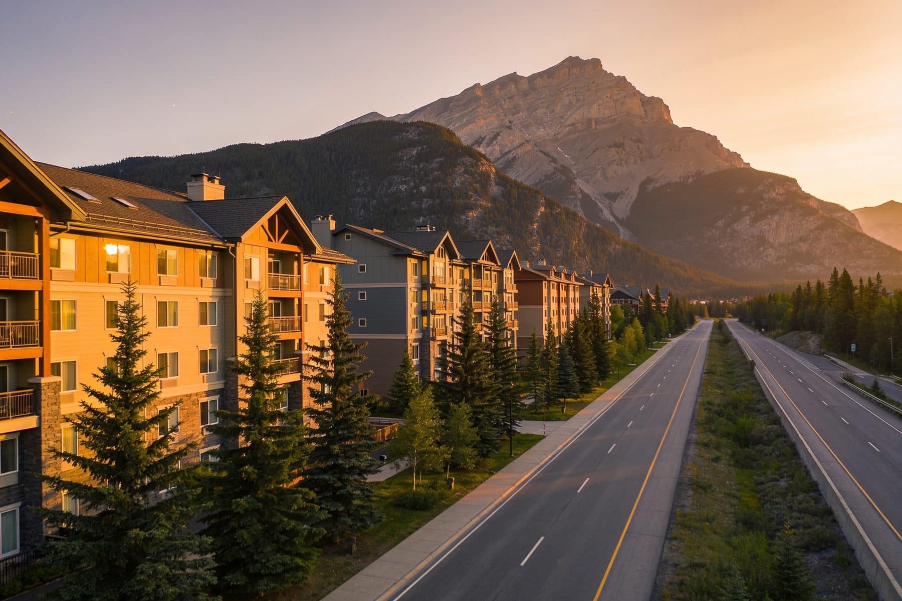 Bow Valley Trail, Canmore: the hotel-condo corridor at dusk