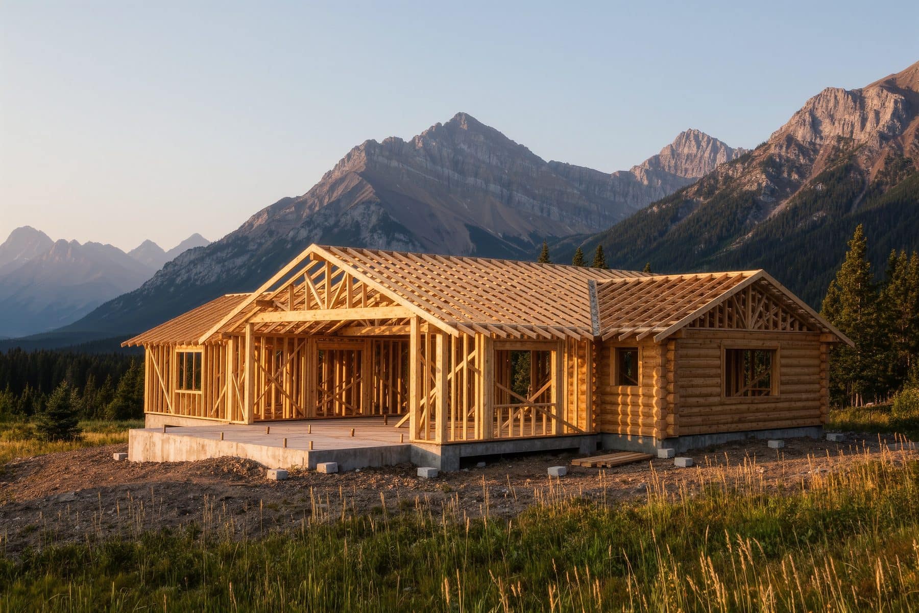 Building a house in Canmore: framing going up on a hillside lot