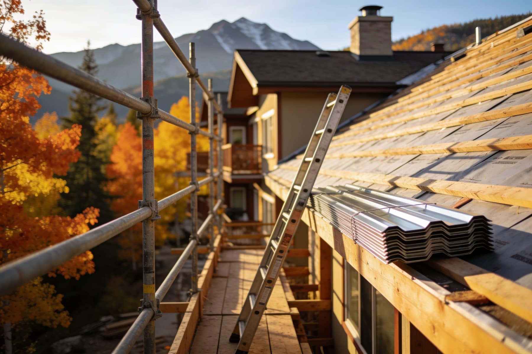 Buying a condo in Canmore means reading the reserve fund: roof replacement underway on a mountain condo building