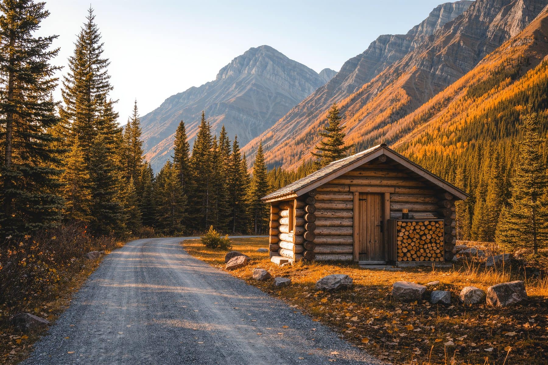 Cabins for sale near Canmore: a log cabin down a gravel road