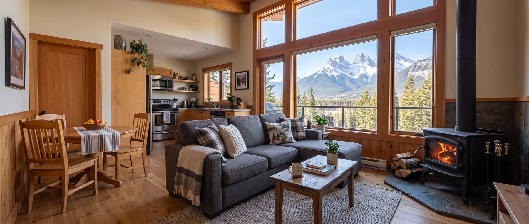 Can you Airbnb in Canmore: the living room of a furnished short-term rental condo with a mountain view