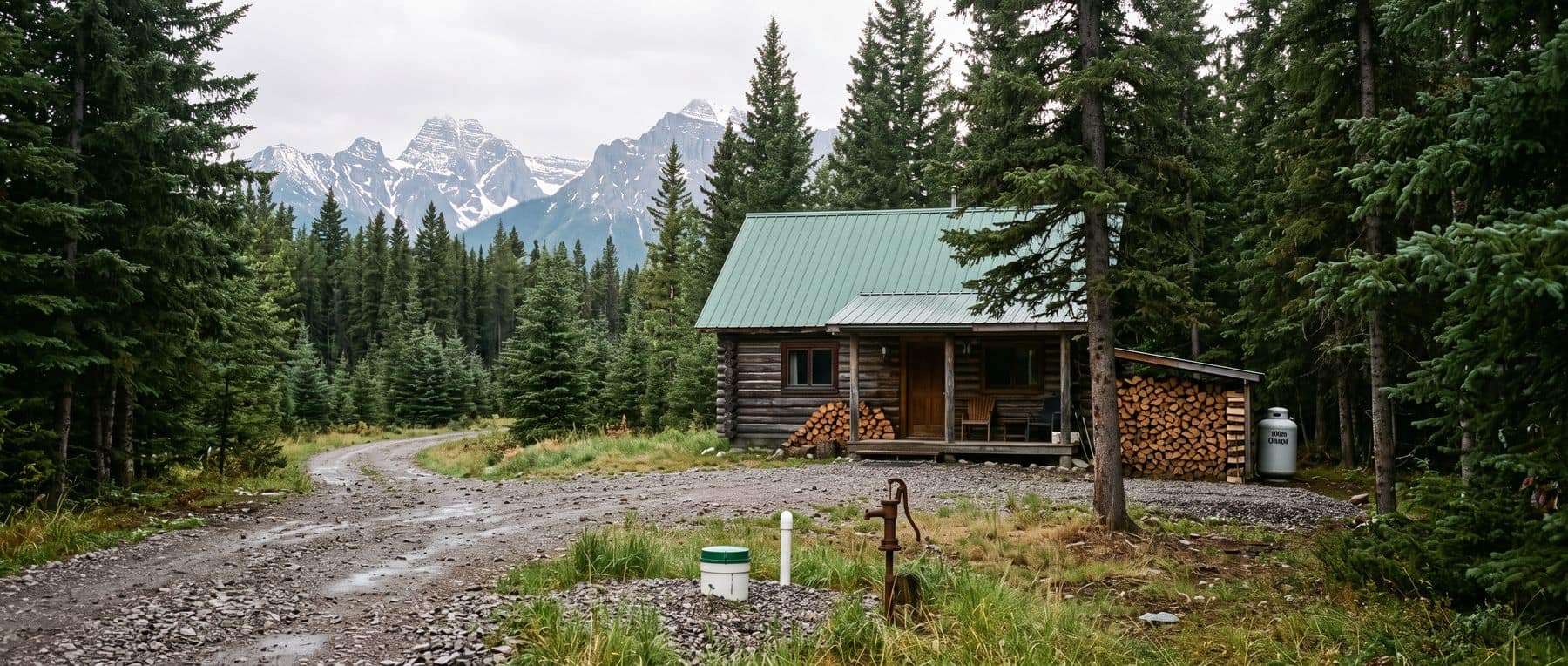 Canmore acreages for sale: a log cabin on a gravel drive with its own well, septic and propane