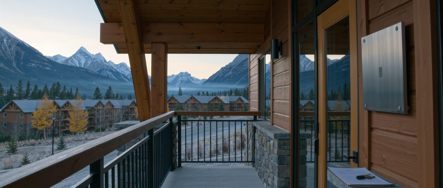 A Canmore tourist home entrance with a blank plaque beside the door, where the Canmore business license has to be printed and displayed
