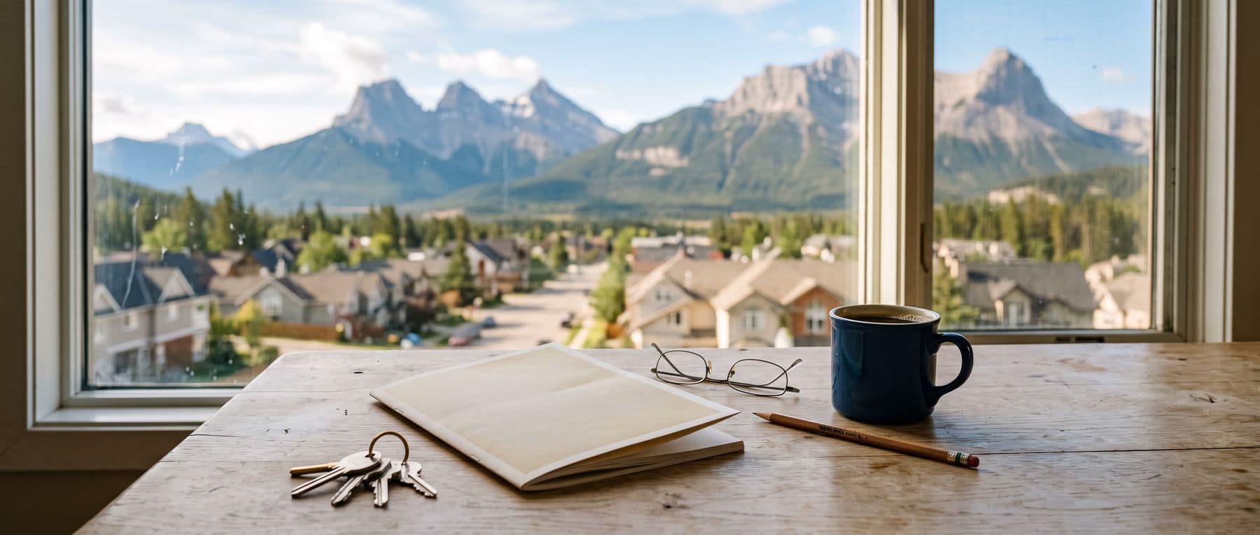 The Canmore buyers guide open on a table beside a window looking out to the Rocky Mountains
