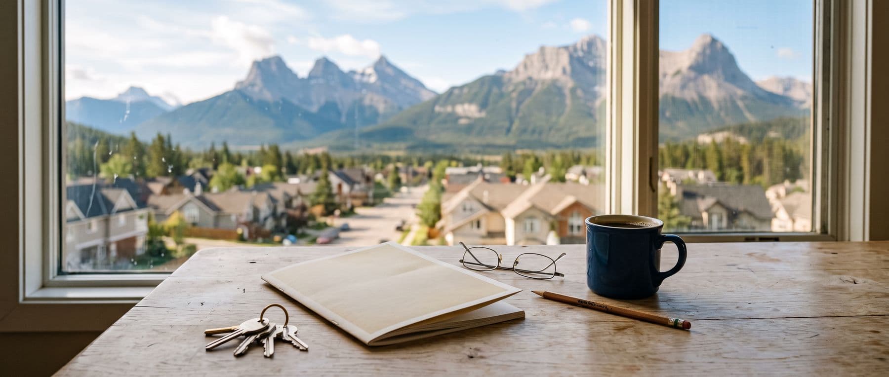The Canmore buyers guide open on a table beside a window looking out to the Rocky Mountains