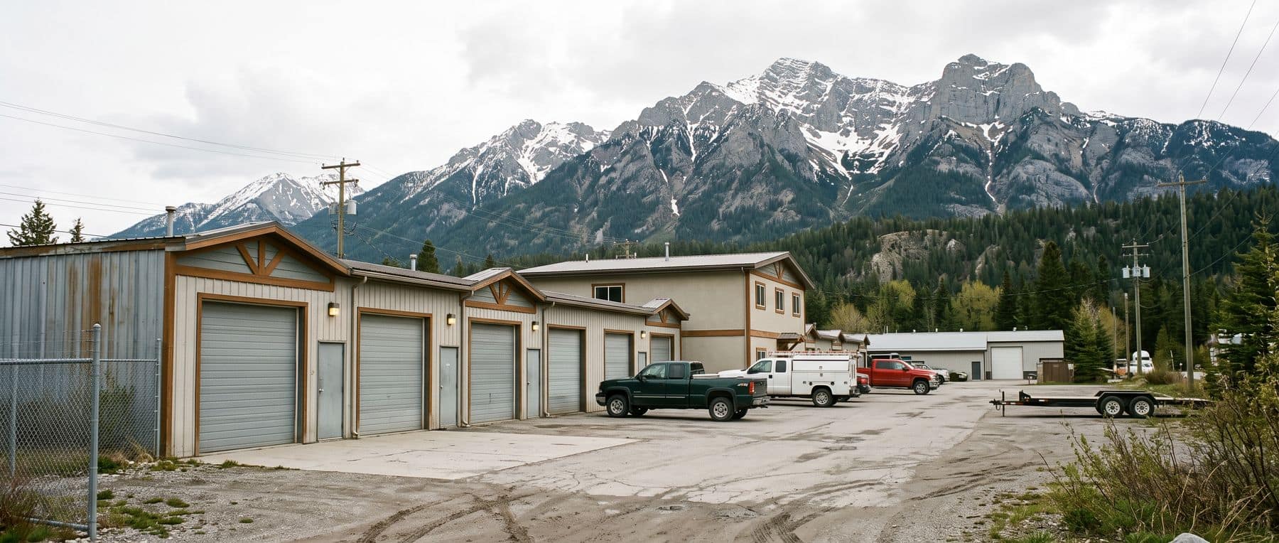 Canmore commercial real estate: light-industrial and office units at the edge of town below the mountains