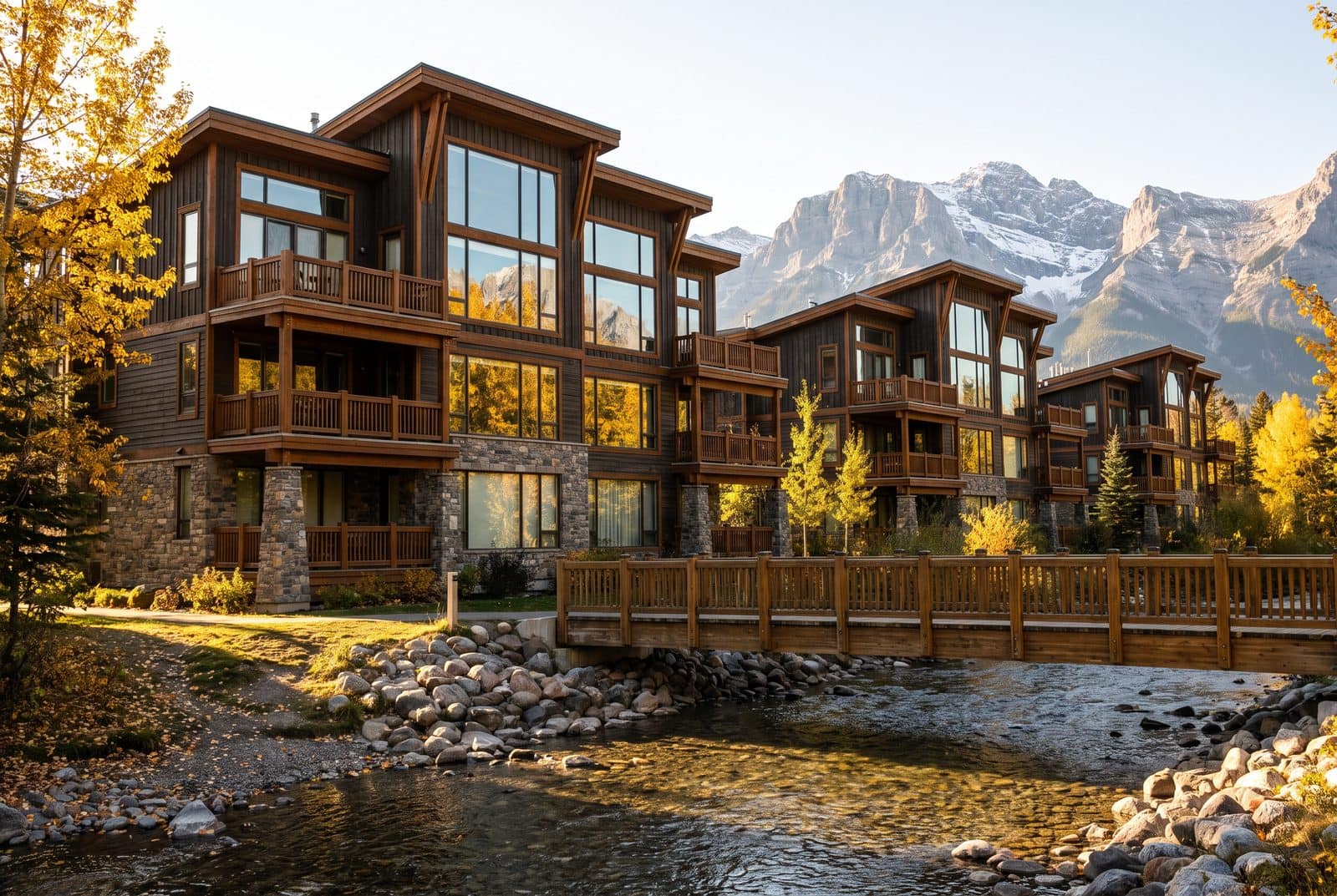 Canmore condos for sale in a creekside building, with the Rocky Mountains behind