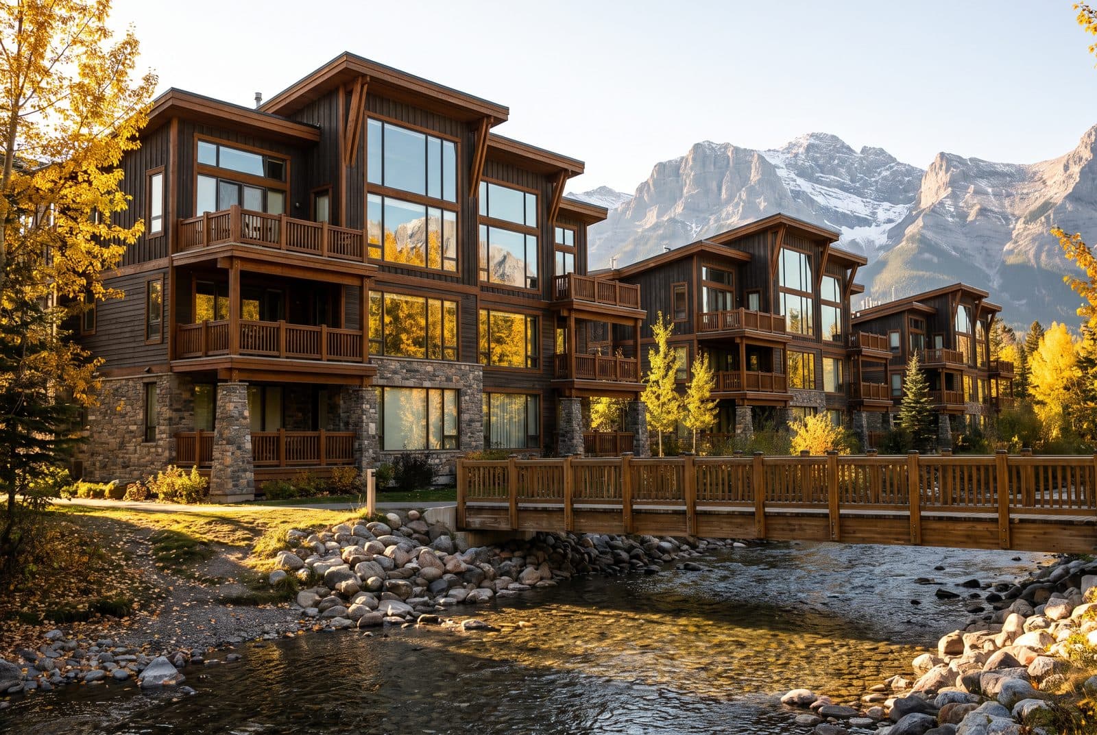 Canmore condo buildings beside a creek, the kind buyers compare when buying here