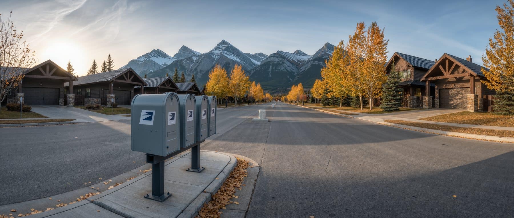 The Canmore housing declaration arrives by post: community mailboxes on a Canmore street in late October with fresh snow on the Three Sisters