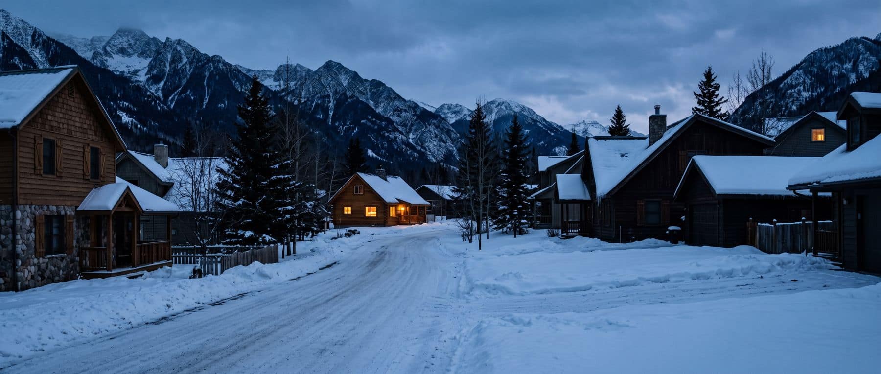 The Canmore housing shortage in one picture: a street of dark, unoccupied homes with one or two lights on