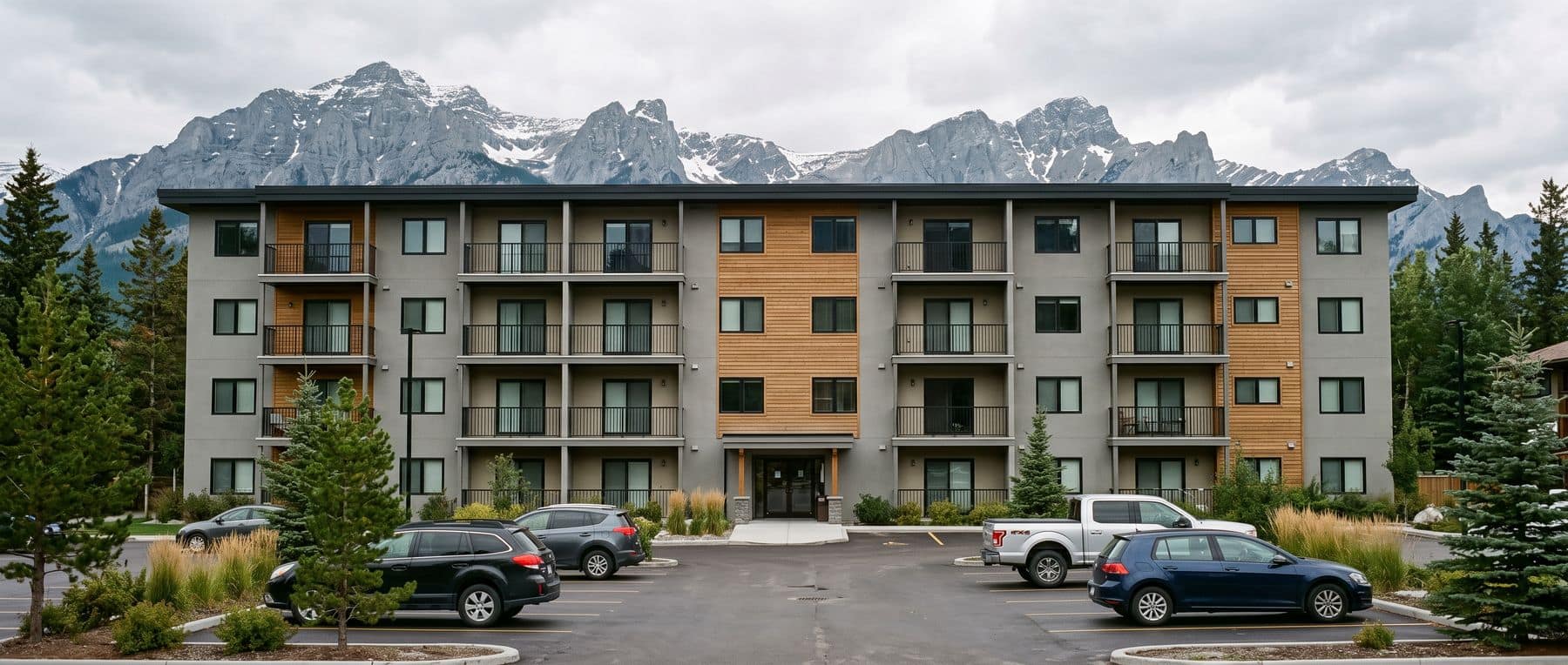 A Canmore investment property: a plain modern condominium block of the kind bought to rent out