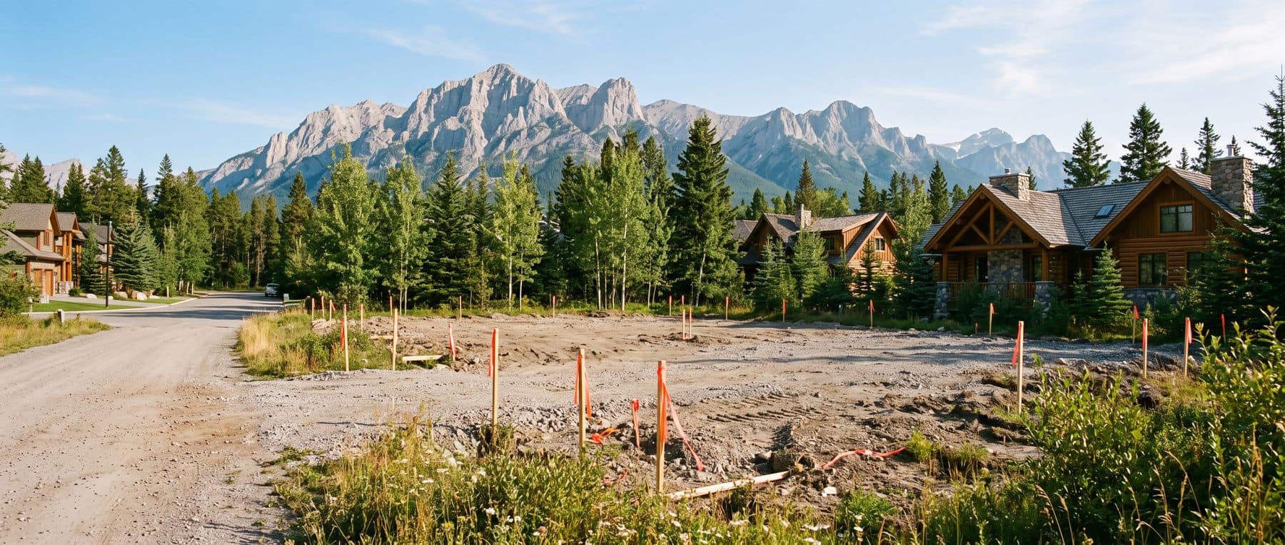 Canmore land for sale: a cleared building lot with survey stakes below a limestone ridge