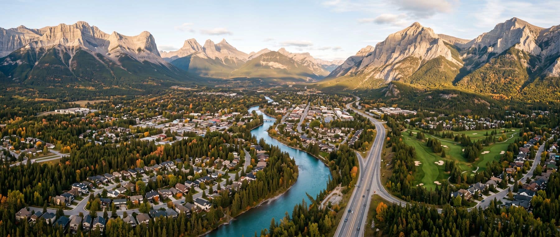 The Canmore land use bylaw in one frame: distinct pockets of housing separated by trees, river and highway