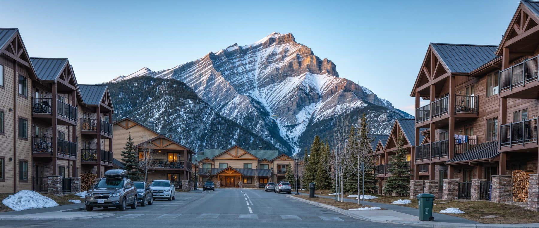 A quiet residential street of Canmore long term rentals below the Three Sisters, with alpenglow on the ridge above the rooftops