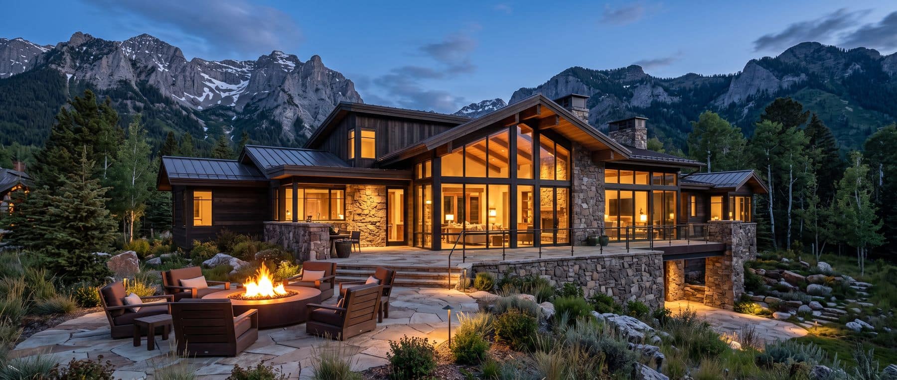 Canmore luxury real estate: a contemporary timber, stone and glass estate home lit at blue hour