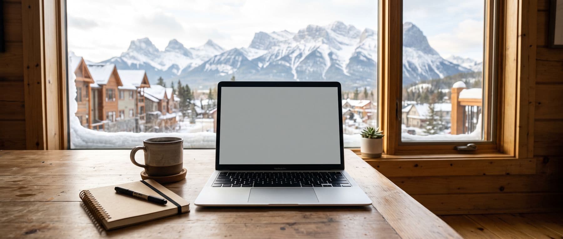 Searching Canmore MLS listings from a distance, at a kitchen table with the mountains through the window