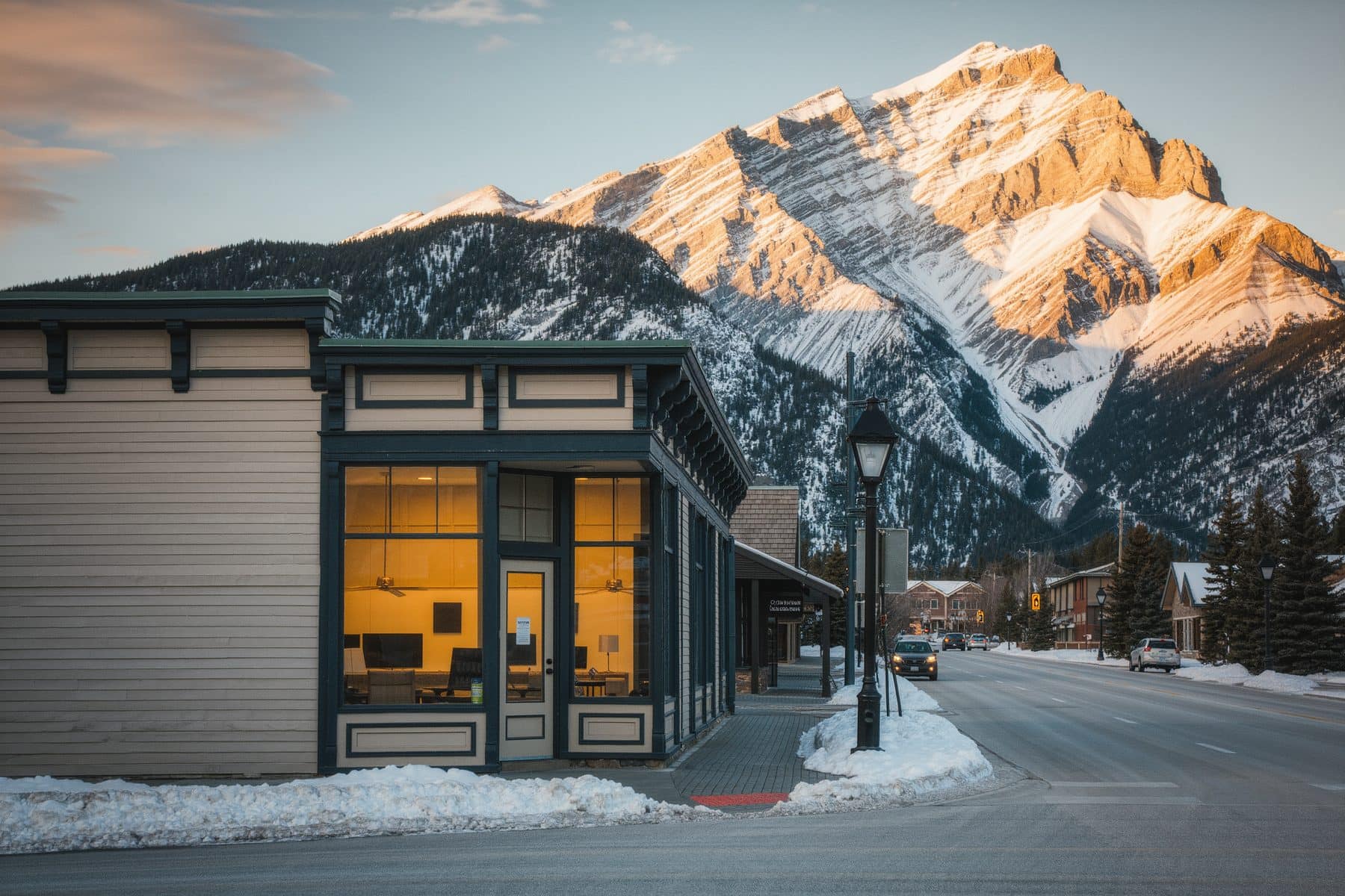 A Canmore mortgage broker's office on the main street in winter