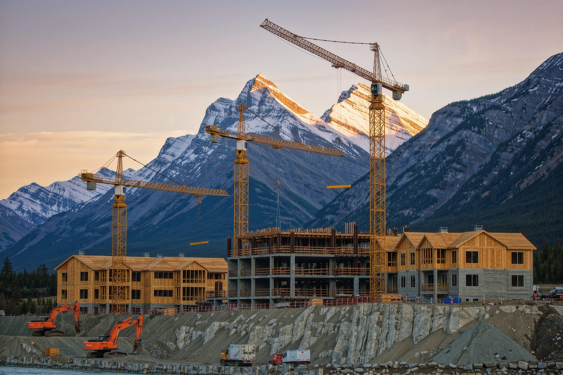 Canmore new developments: cranes over new buildings at the east end of town