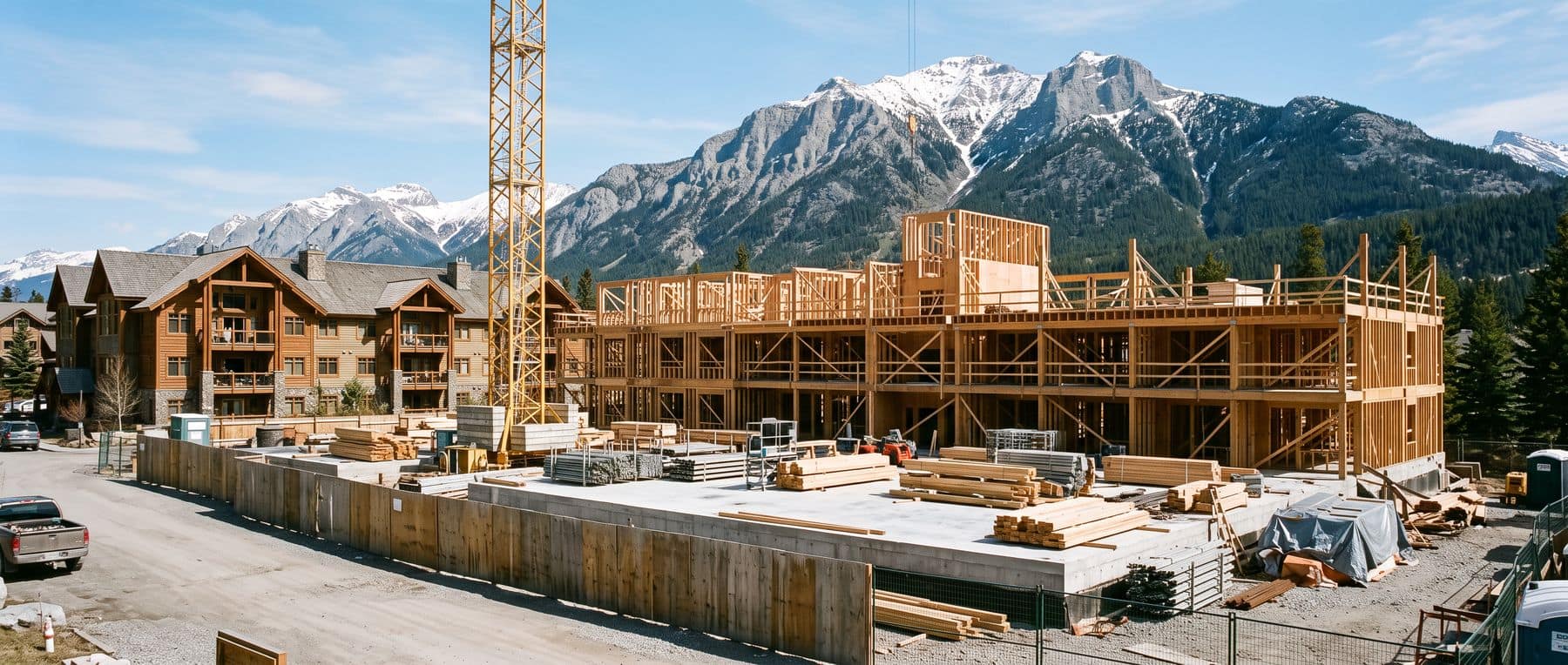 Canmore pre construction condos: a new building going up beside finished mountain-style blocks