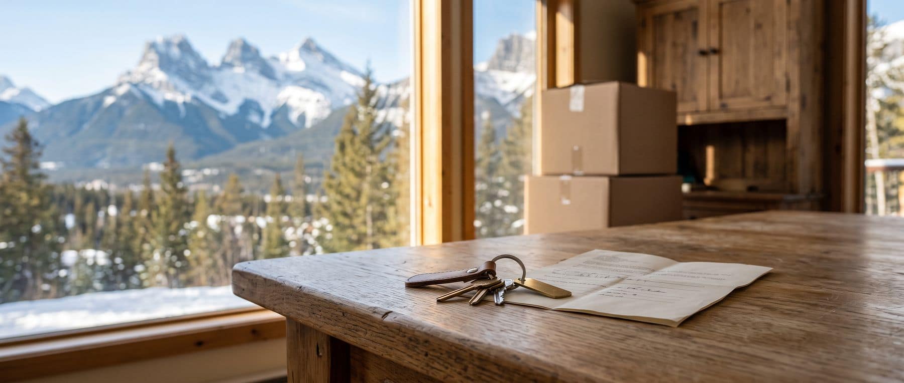 Canmore property management begins at handover: keys and paperwork on the counter of a rented-out home