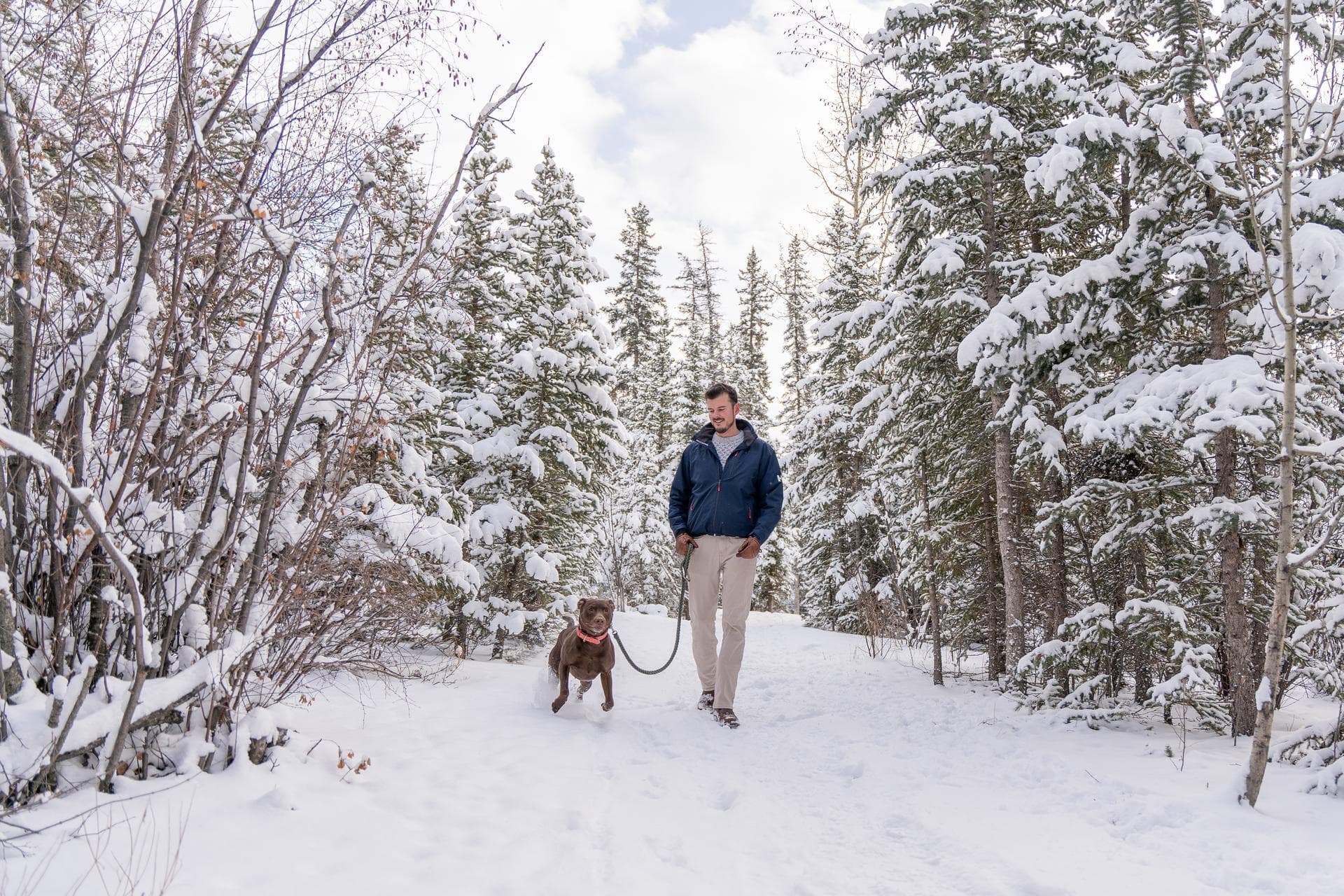 Cory Hand, Canmore real estate agent, walking his rescue dog on a snowy Bow Valley trail