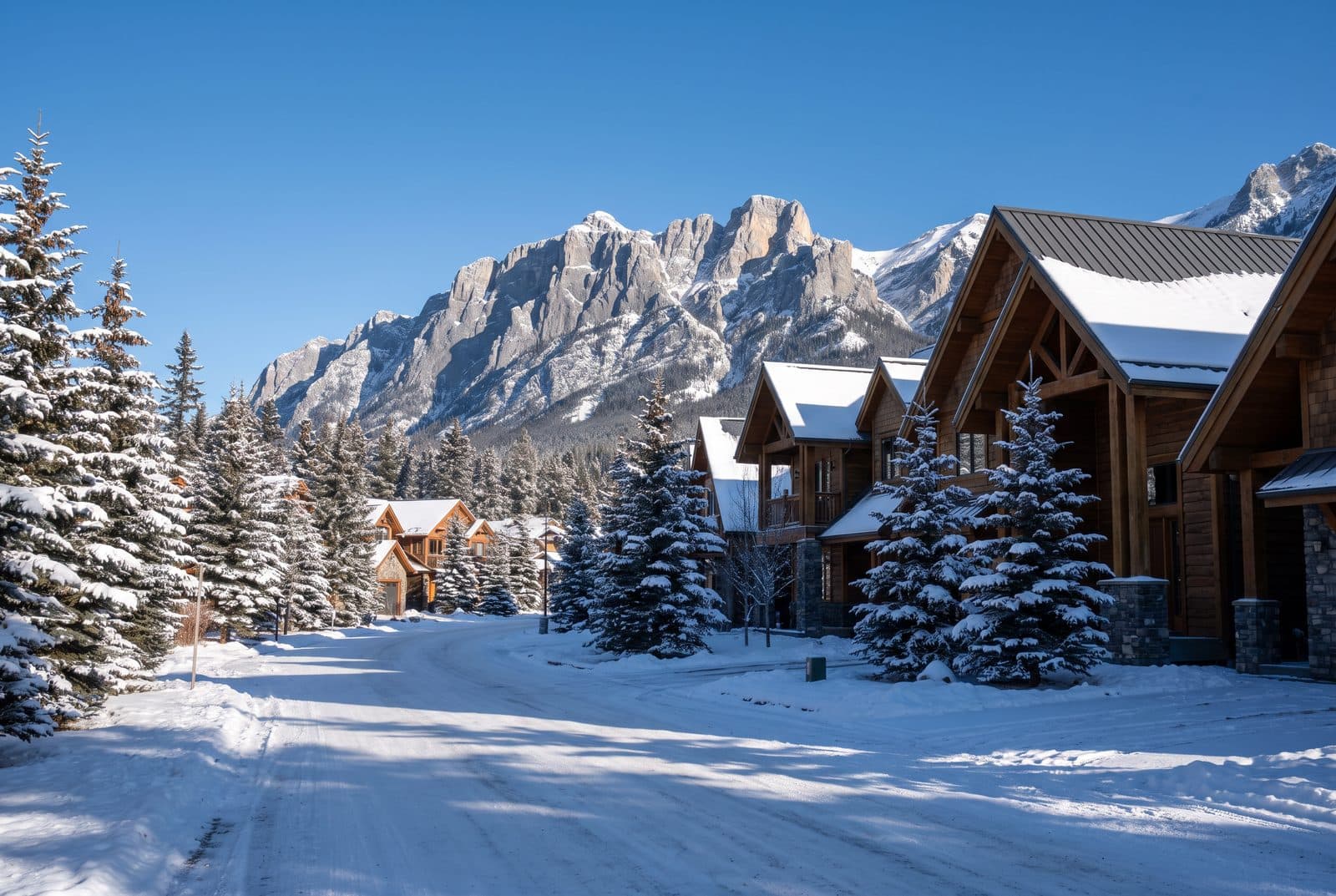 A snowy residential street in Canmore, Alberta, everyday winter living in the Bow Valley
