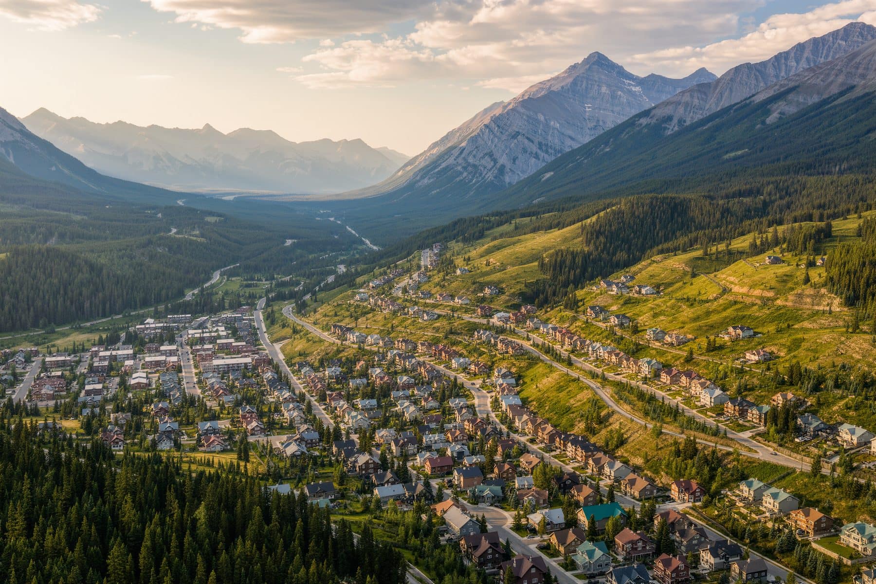 Canmore real estate market: the whole town from above in summer