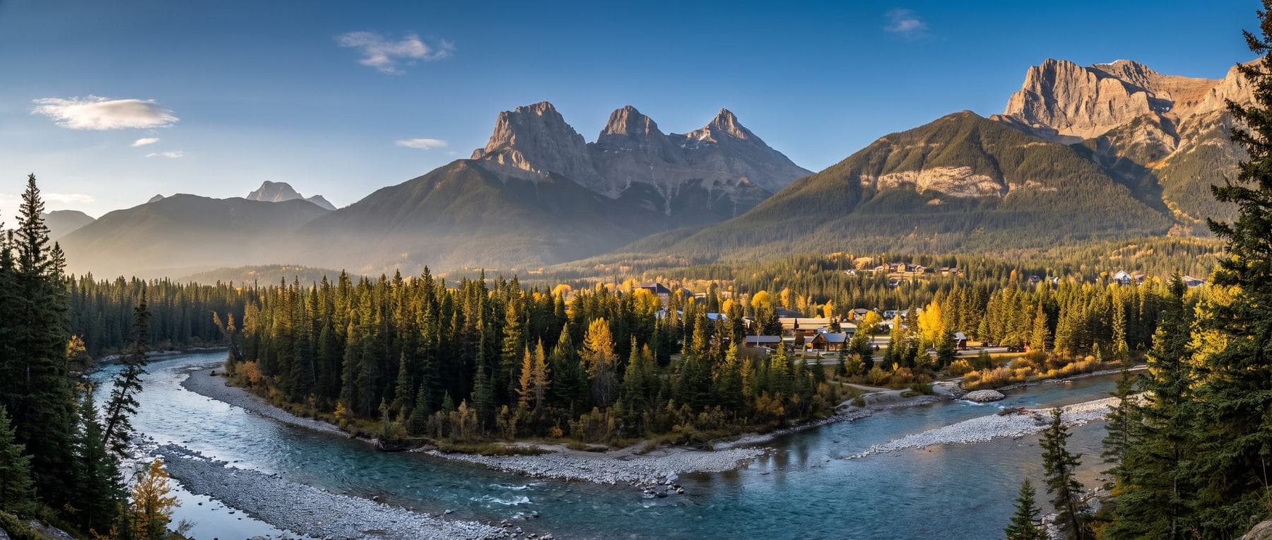 Bow Valley real estate country: the Three Sisters peaks above the hamlets east of Canmore
