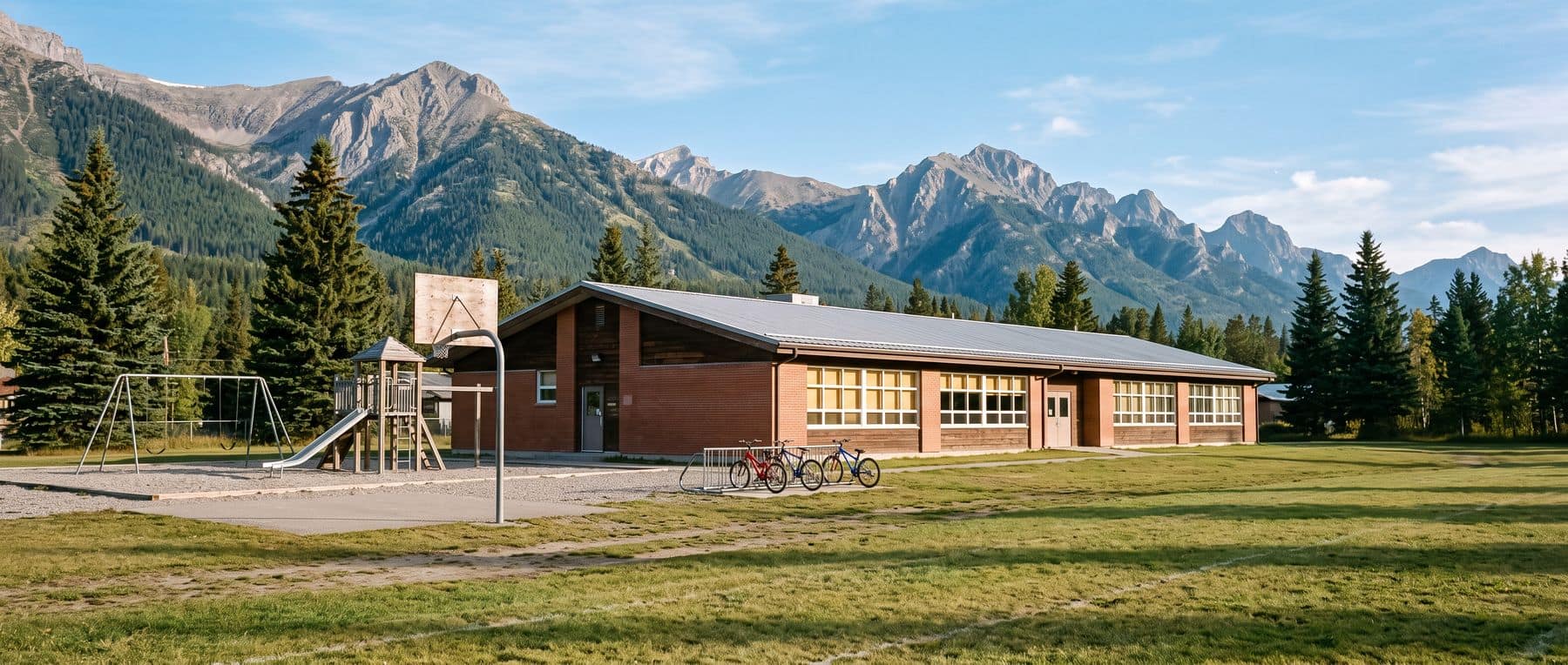 Canmore schools: a single-storey elementary school and its playing field below the mountains