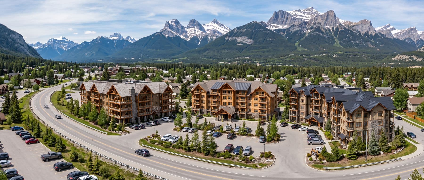 Canmore condo buildings compared: several visitor-accommodation buildings clustered along the highway corridor