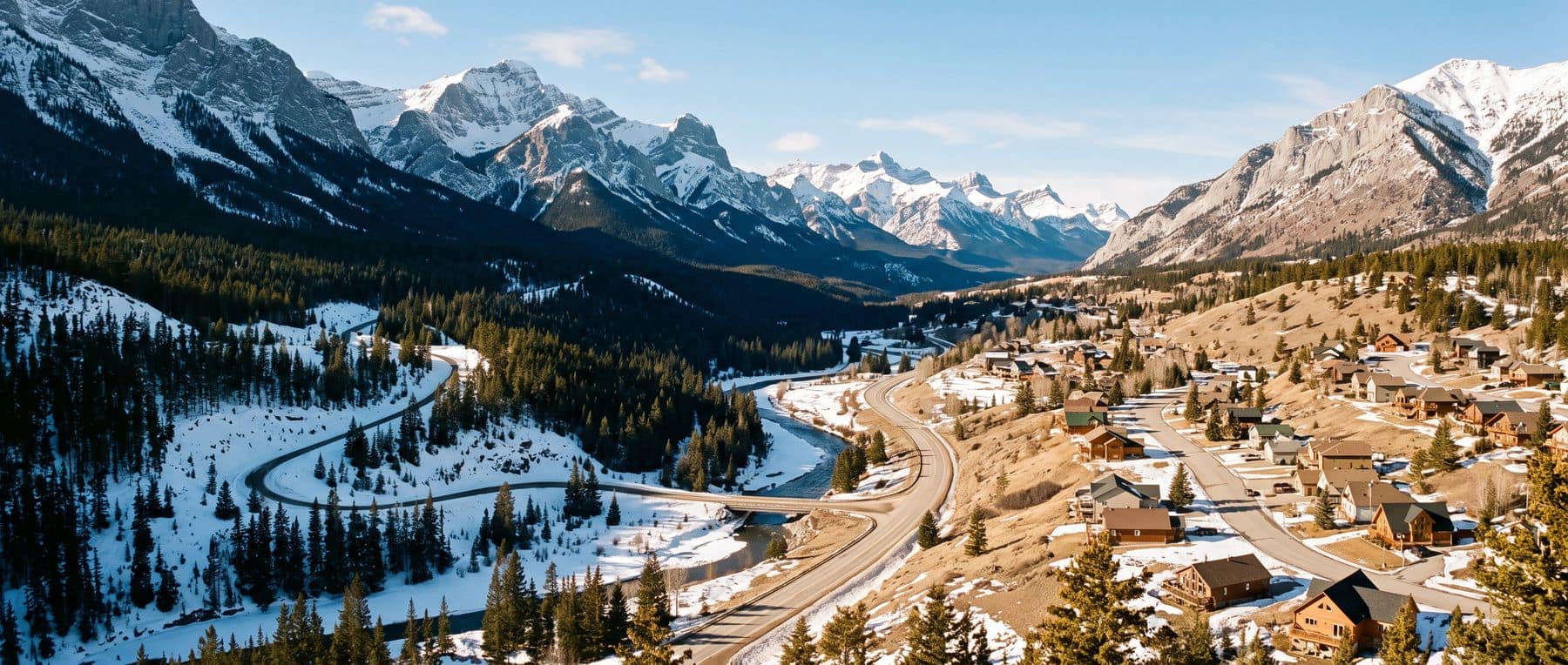 The Canmore sunny side and shady side in one frame: dry streets in full sun, deep snow in shadow opposite