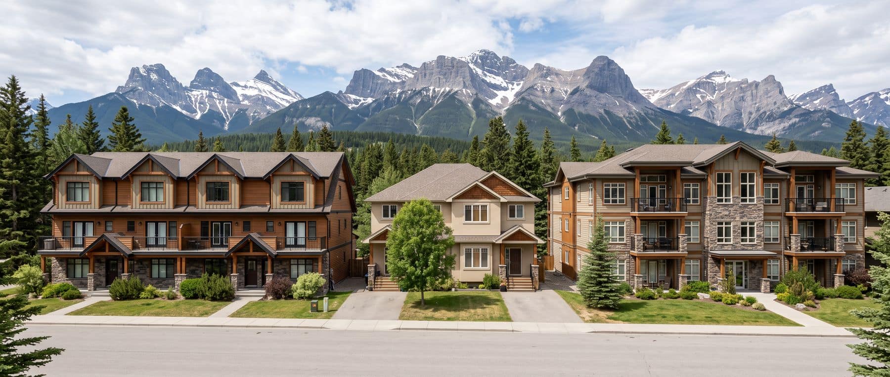 Canmore townhome vs condo vs half duplex, all three on one street for comparison