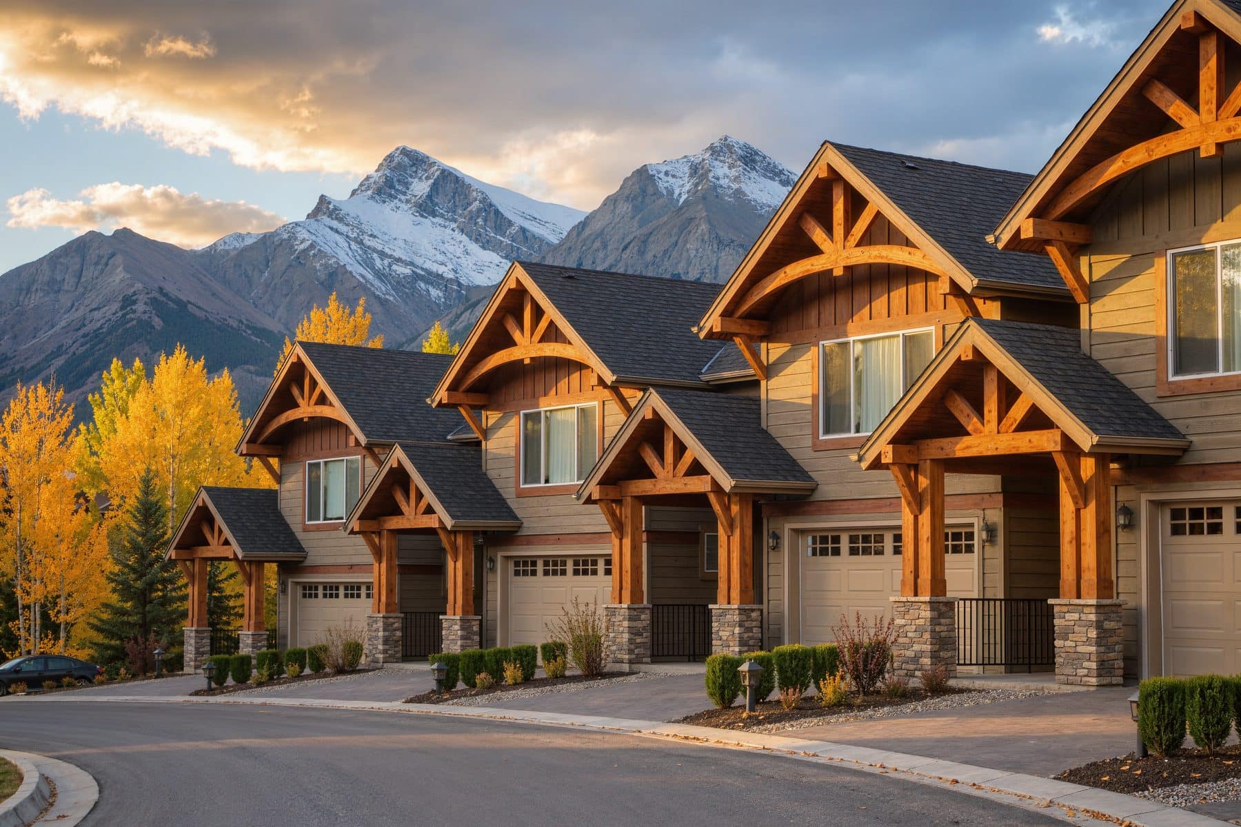 Canmore townhomes for sale: a row of timber-accented townhomes under the peaks