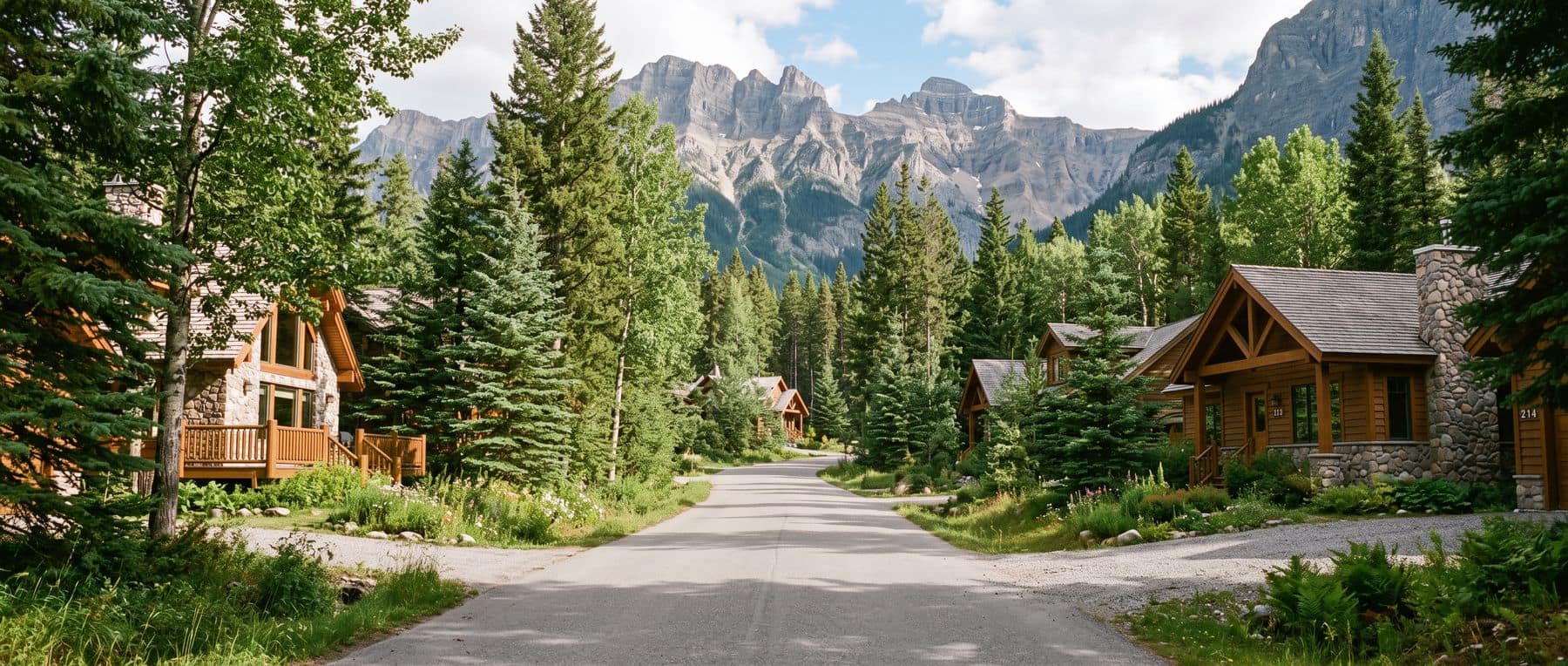 Canmore vs Banff living: a leafy national park townsite street where homes are leasehold, not owned outright