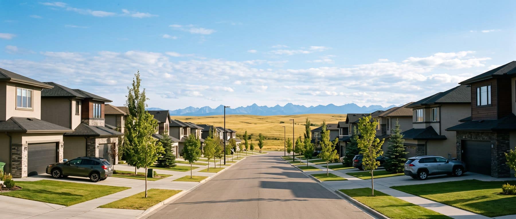 Canmore vs Cochrane: a wide foothills street with the Rockies as a distant line on the horizon