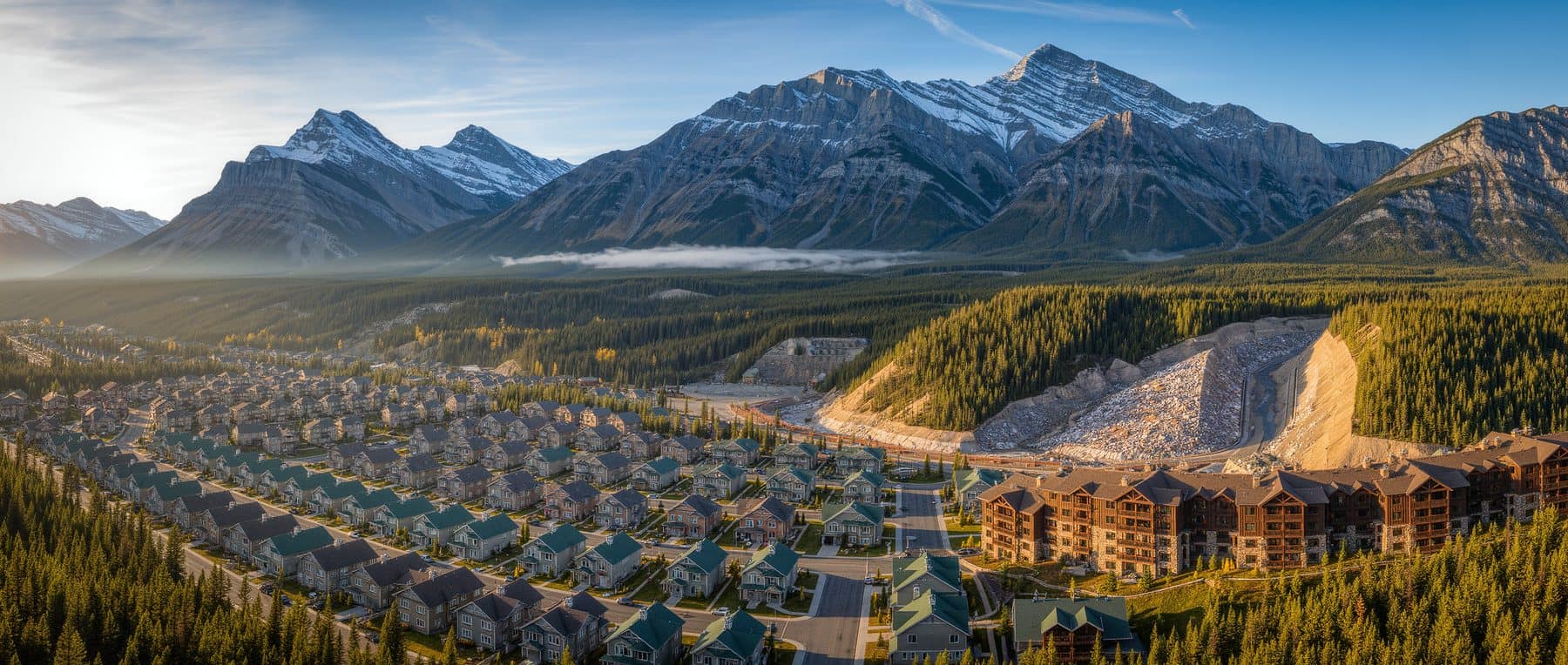 The ground behind the Canmore zoning map: detached lots, townhouse rows, condominium blocks and a steep creek fan below the Three Sisters