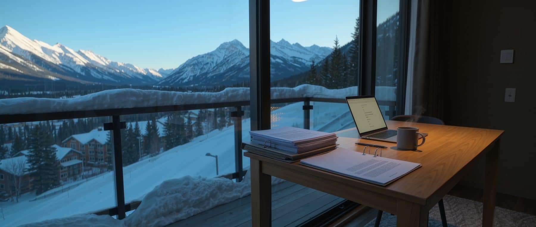 A condo document review underway on a table beside a snow-covered Bow Valley window in Canmore