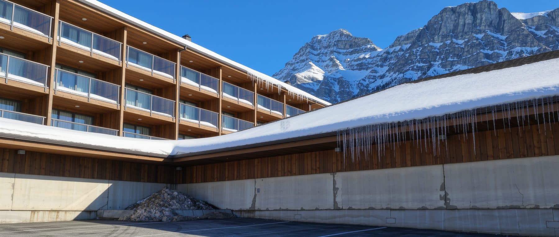 A Canmore condominium building in late-winter thaw, the kind of envelope wear that drives a special assessment condo levy