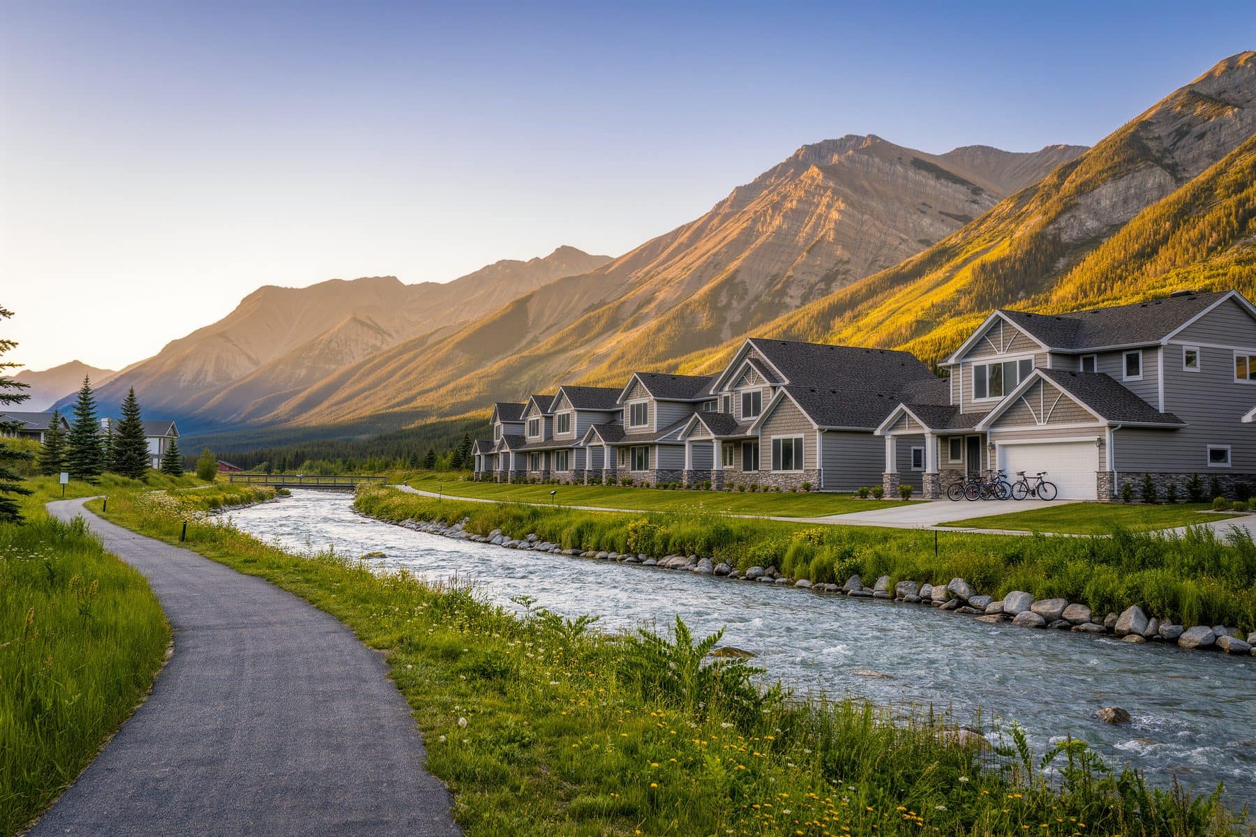 Cougar Creek, Canmore: family homes beside the creek on the sunny side of the valley
