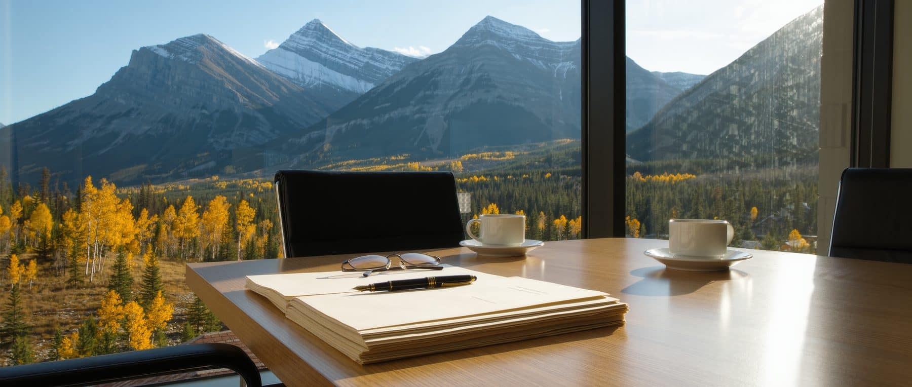 Unsigned transfer documents and a pen on a lawyer's table above the Bow Valley, where dower rights Alberta questions are settled before possession
