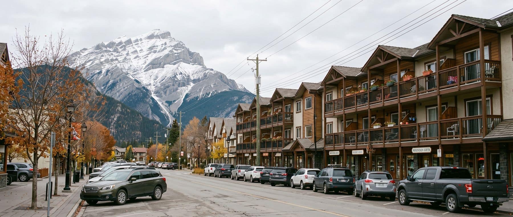 Downtown Canmore condo buildings above main street frontages, with the peaks closing the end of the road
