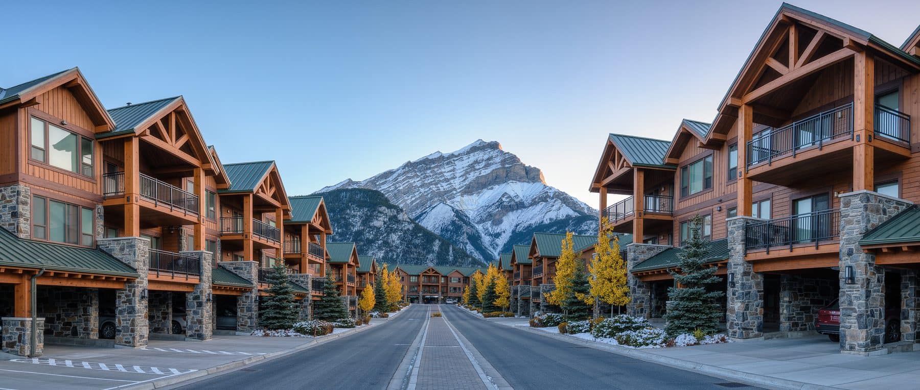 Dyrgas Gate in Canmore: a short loop of mountain-modern condominium buildings under the Three Sisters peaks in late autumn light